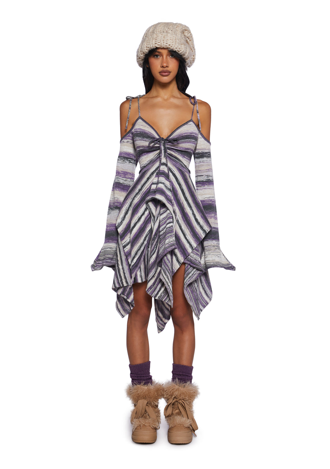 Current Mood Off The Shoulder Striped Knit Yarn Handkerchief Mini Dress - Multi