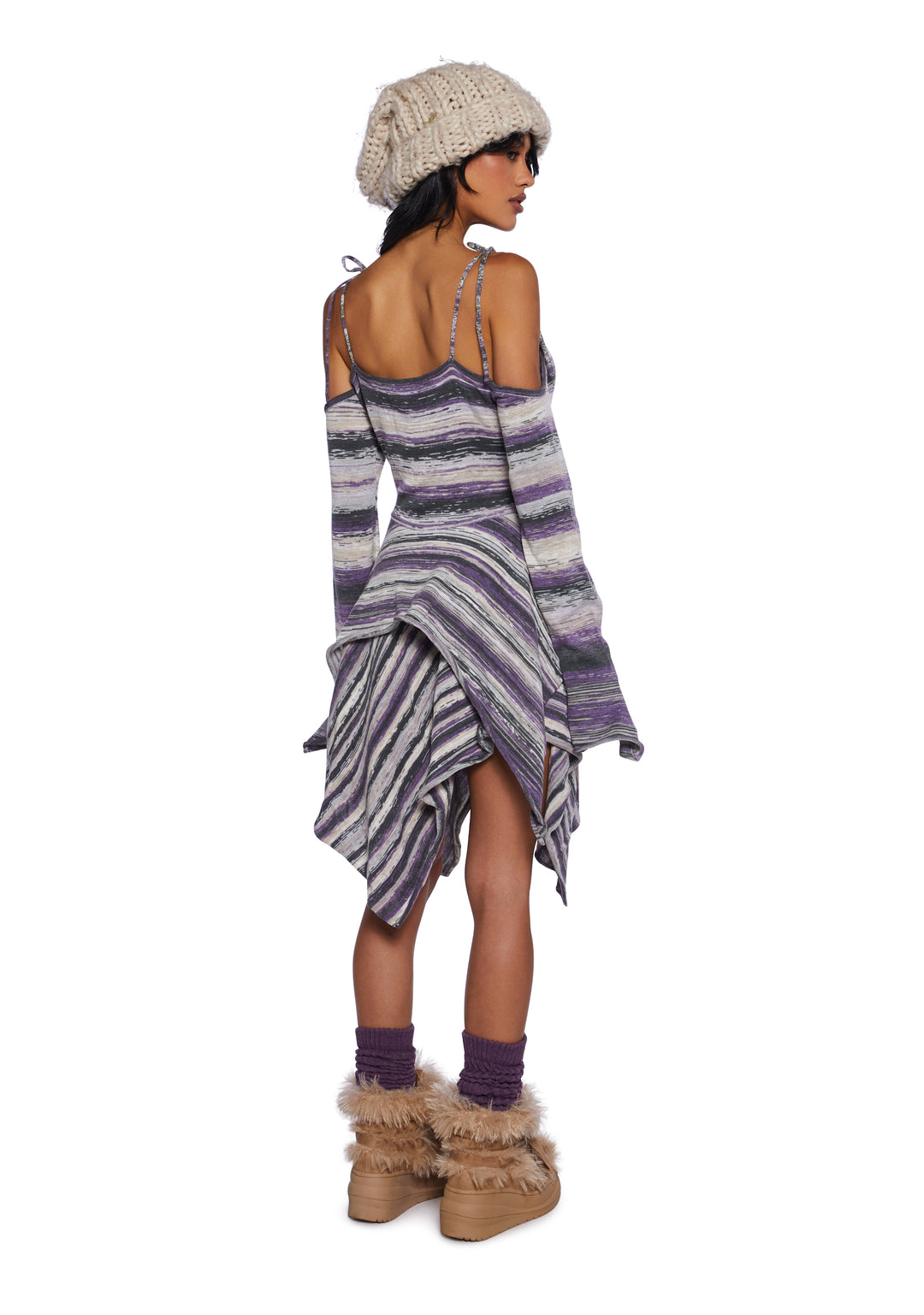 Current Mood Off The Shoulder Striped Knit Yarn Handkerchief Mini Dress - Multi - Image 4