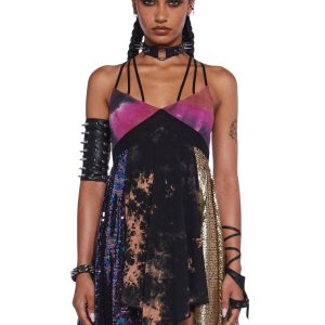 Club Exx Burning Man Festival Sequin Tie-Dye Criss-Cross Straps Burning Man Handkerchief Mini Dress - Multi