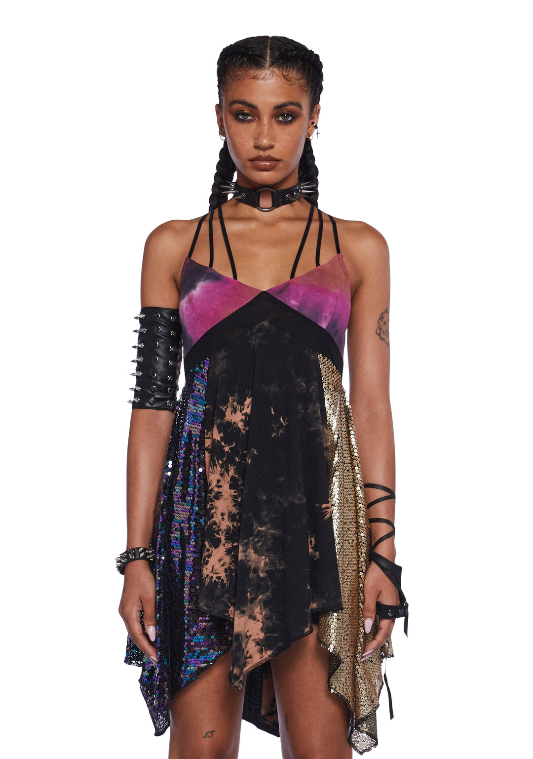 Club Exx Burning Man Festival Sequin Tie-Dye Criss-Cross Straps Burning Man Handkerchief Mini Dress - Multi
