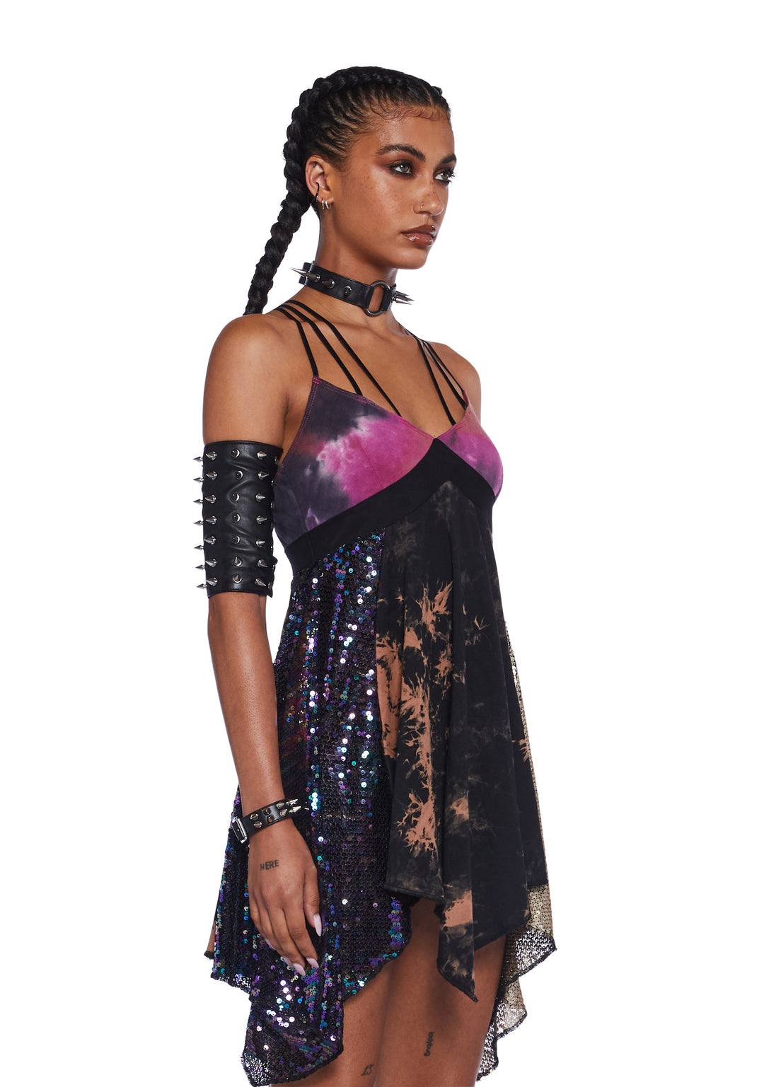 Club Exx Burning Man Festival Sequin Tie-Dye Criss-Cross Straps Burning Man Handkerchief Mini Dress - Multi - Image 3