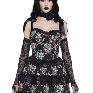 Widow Goth Lolita Floral Twill Tiered Lace Mini Dress - Black
