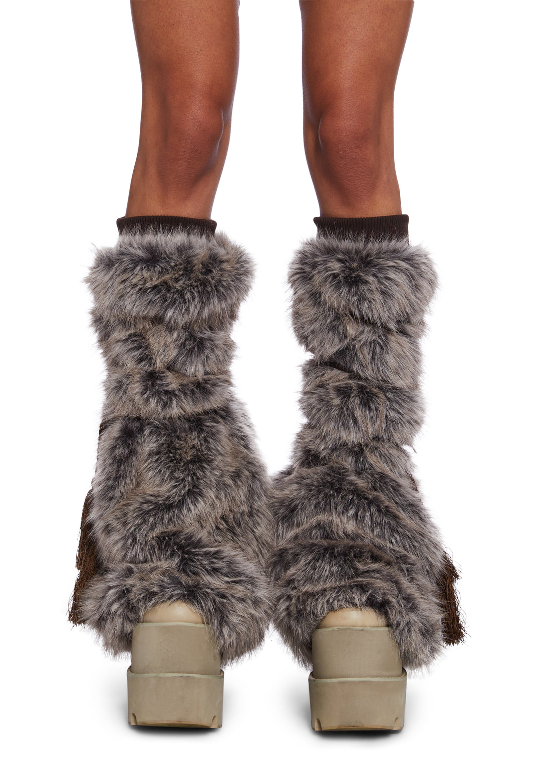 Club Exx Burning Man Faux Fur Leg Warmers With Tassel Ropes Burning Man - Brown - Image 2