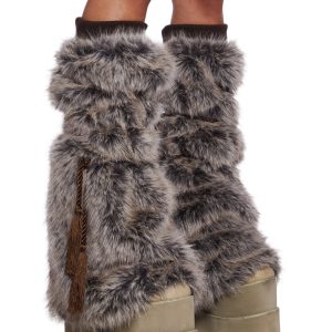Club Exx Burning Man Faux Fur Leg Warmers With Tassel Ropes Burning Man - Brown