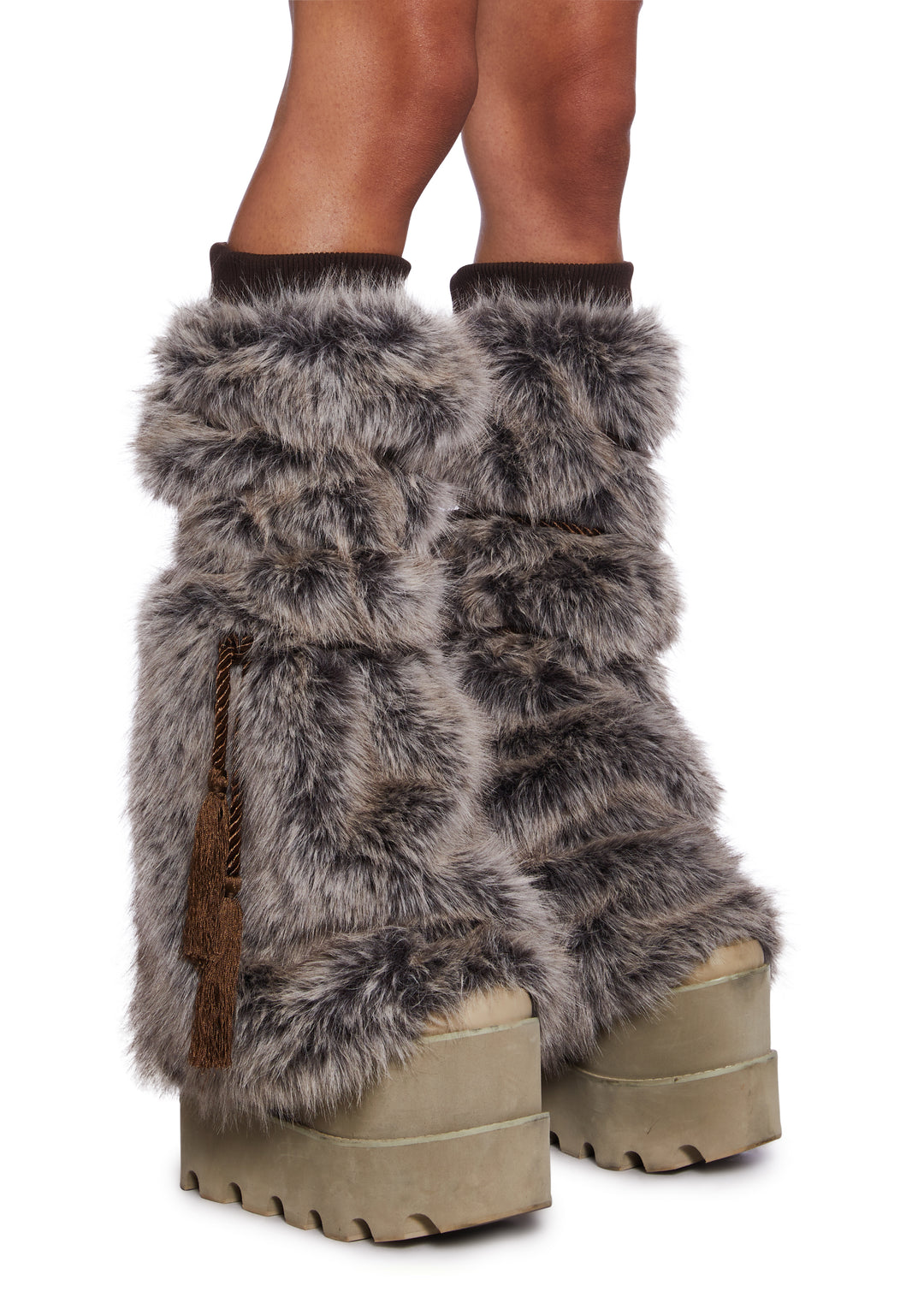 Club Exx Burning Man Faux Fur Leg Warmers With Tassel Ropes Burning Man - Brown