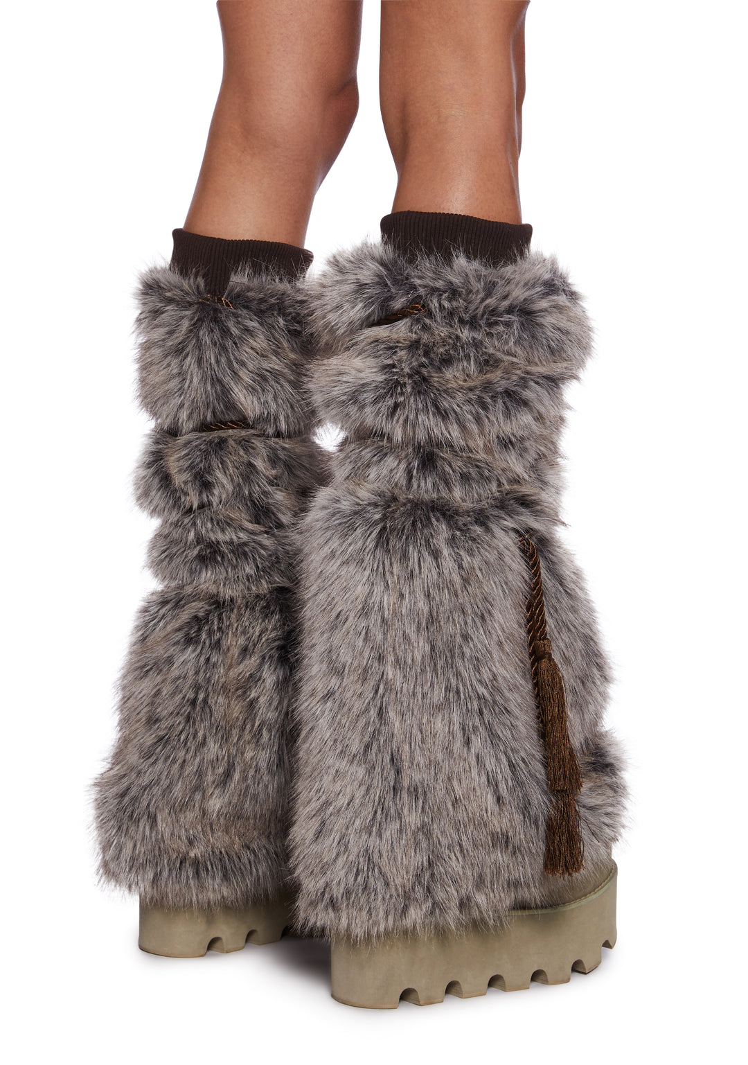 Club Exx Burning Man Faux Fur Leg Warmers With Tassel Ropes Burning Man - Brown - Image 3