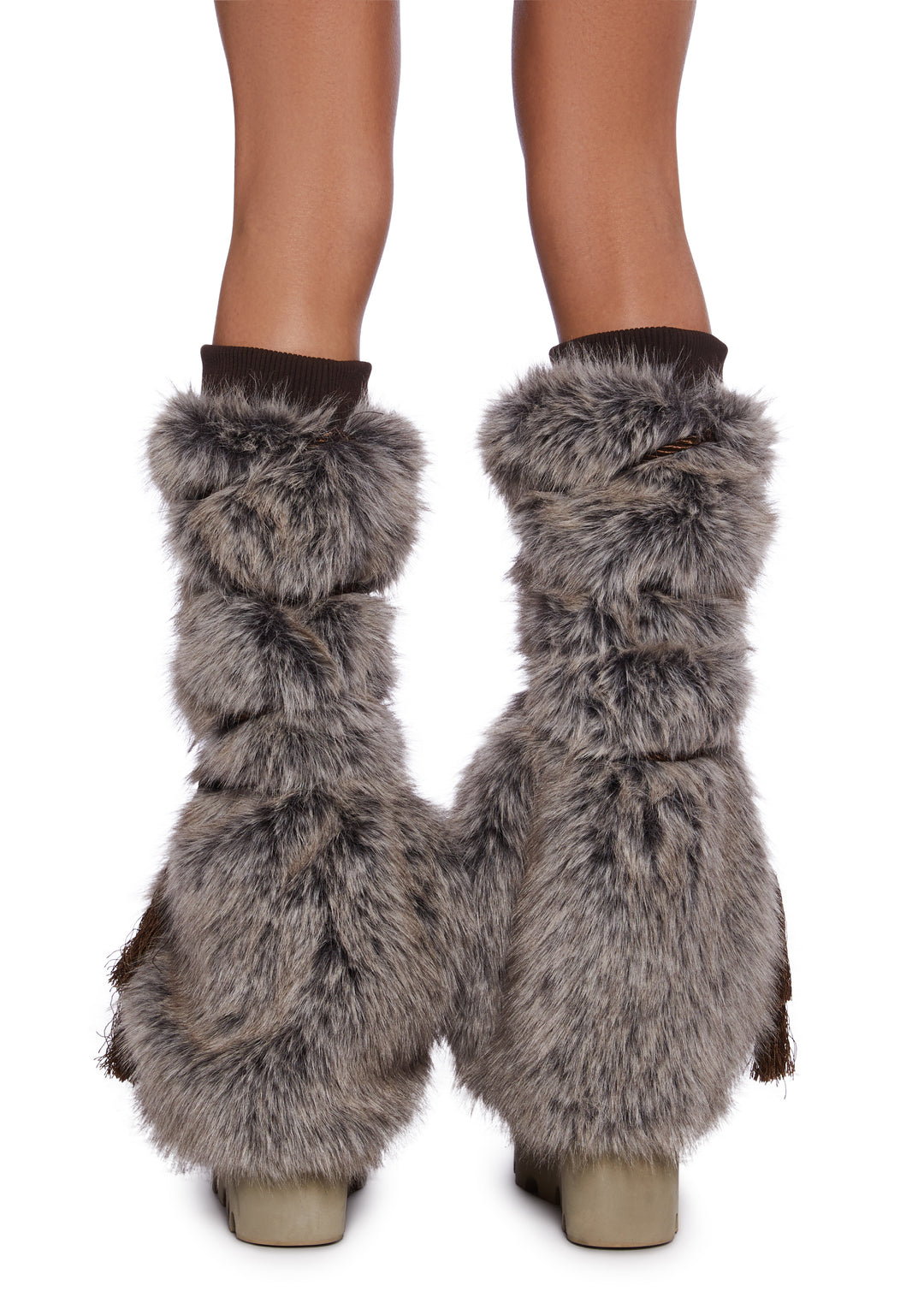 Club Exx Burning Man Faux Fur Leg Warmers With Tassel Ropes Burning Man - Brown - Image 4