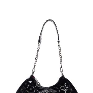 Generation Kiss Brass Knuckles Patent Vegan Leather Rhinestone Shoulder Bag - Black