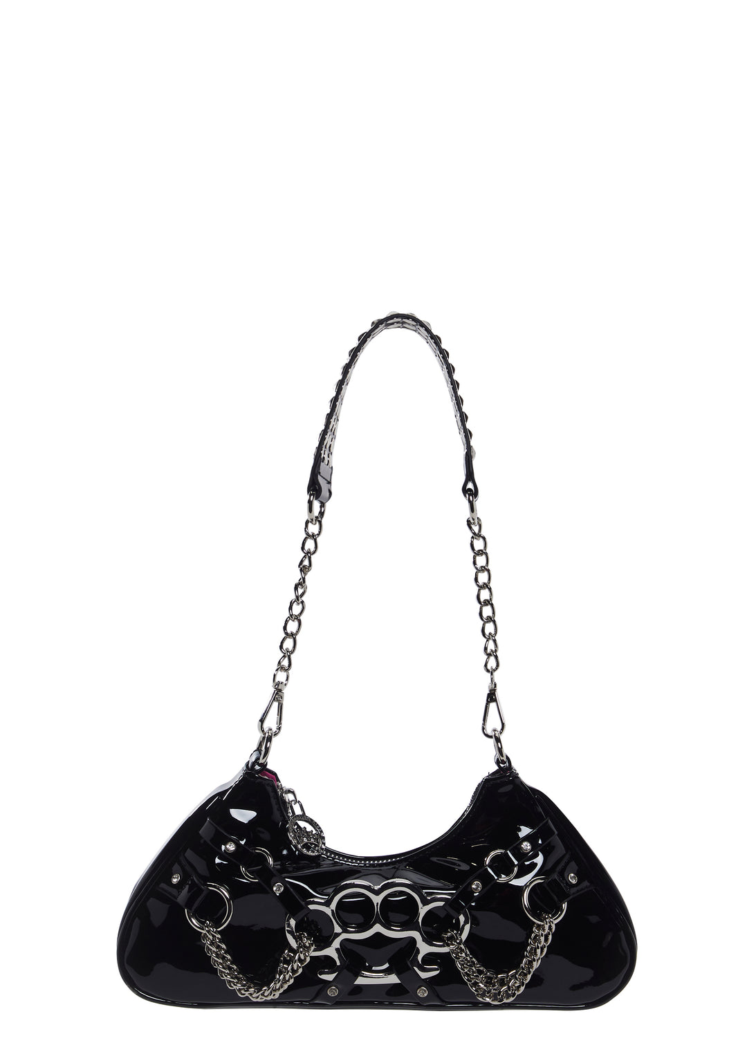Generation Kiss Brass Knuckles Patent Vegan Leather Rhinestone Shoulder Bag - Black