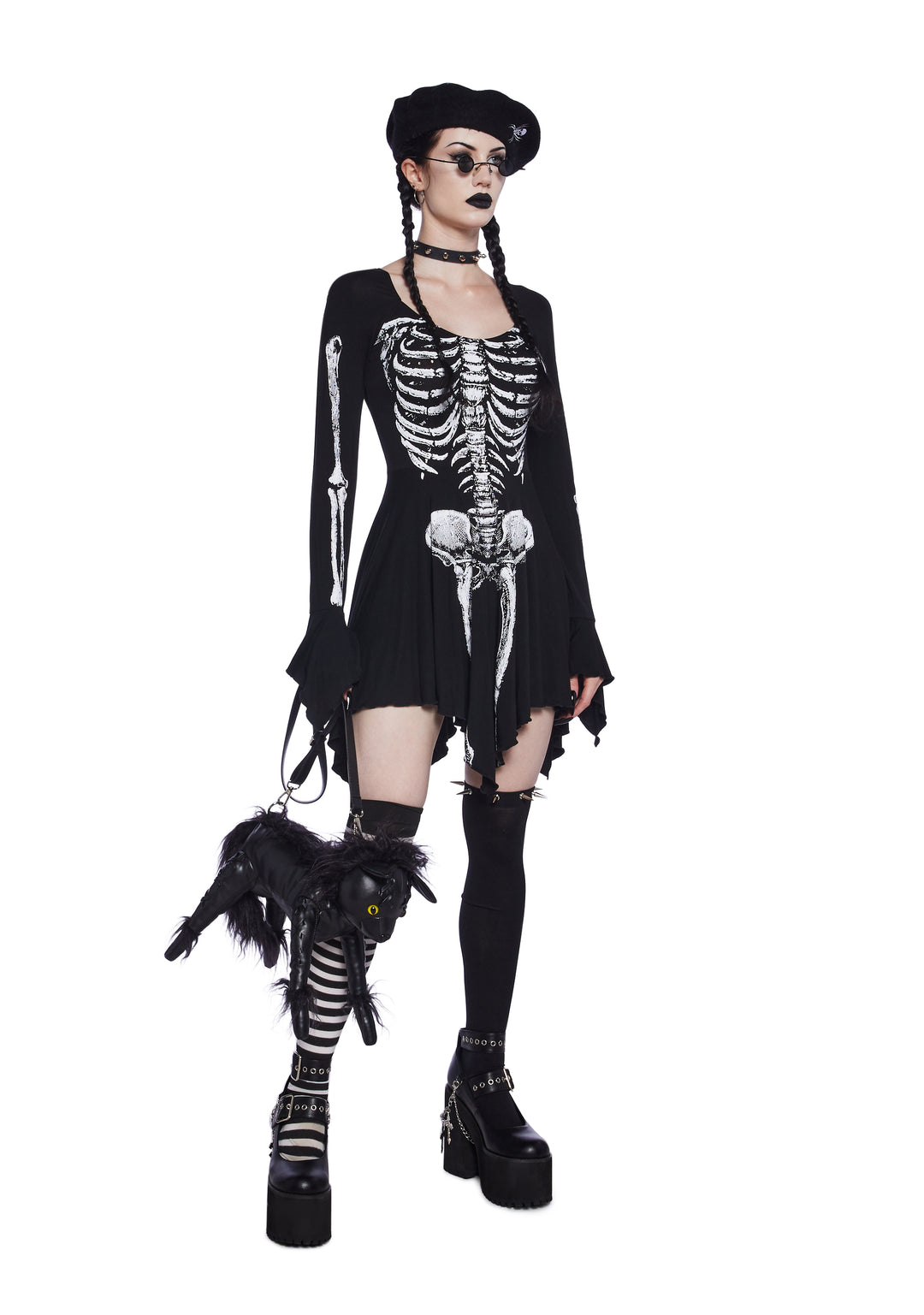 Trickz N' Treatz Goth Stretchy Knit Skeleton Bone Fairy Handkerchief Mini Dress - Black - Image 2