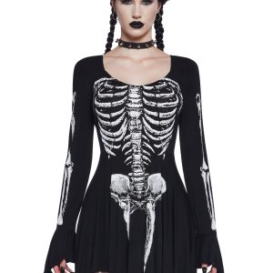Trickz N' Treatz Goth Stretchy Knit Skeleton Bone Fairy Handkerchief Mini Dress - Black