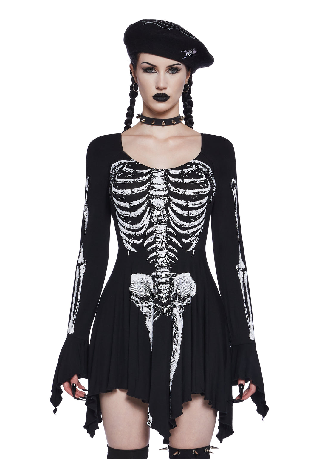 Trickz N' Treatz Goth Stretchy Knit Skeleton Bone Fairy Handkerchief Mini Dress - Black