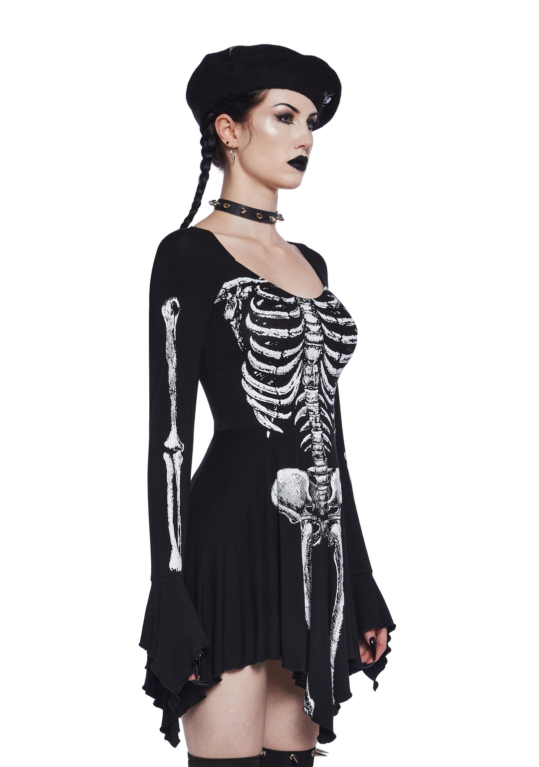 Trickz N' Treatz Goth Stretchy Knit Skeleton Bone Fairy Handkerchief Mini Dress - Black - Image 3