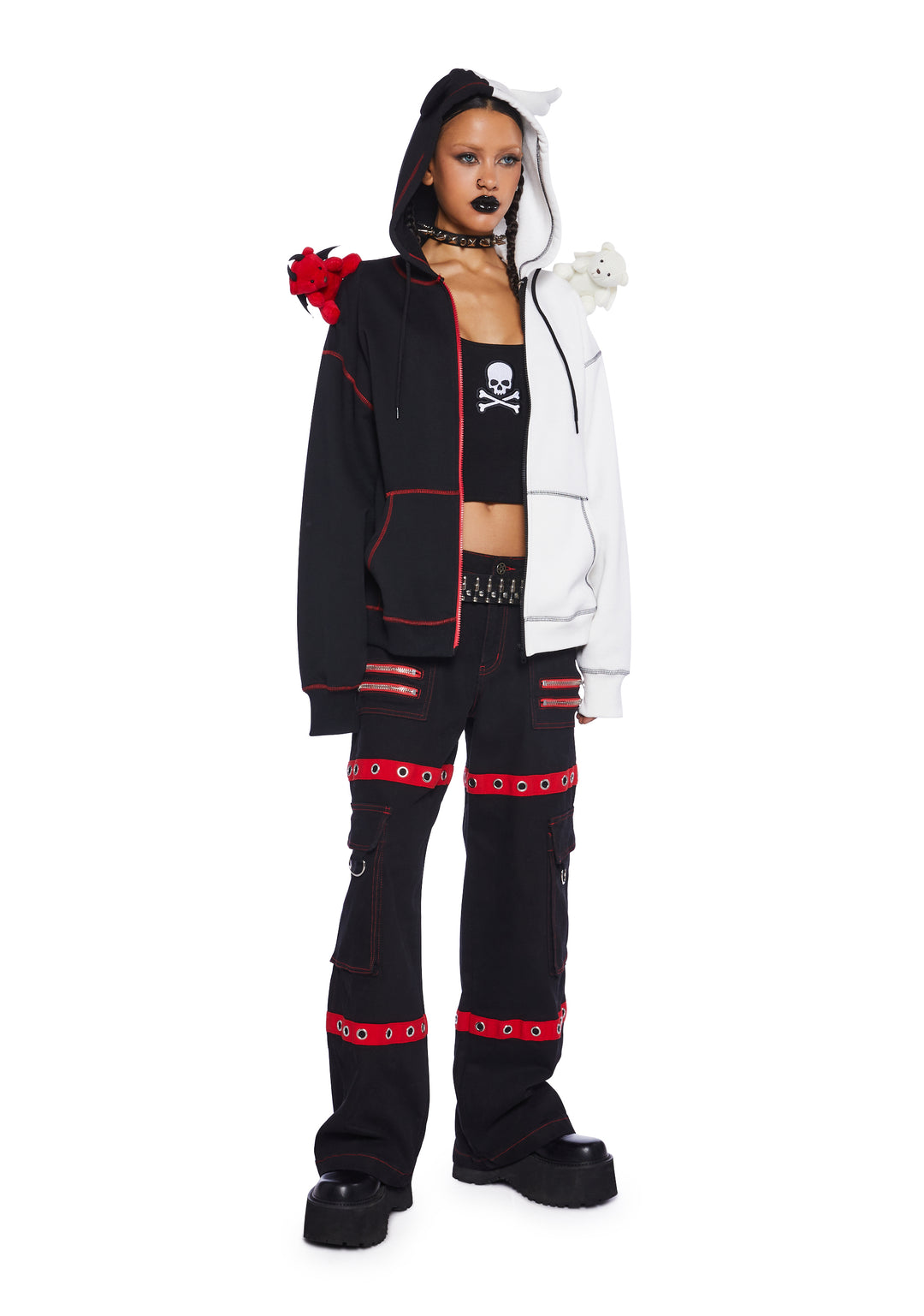 Trickz N' Treatz Teddy Devil Angel Colorblock Zip Up Hoodie Halloween Punk Goth - Multi - Image 5