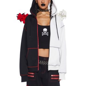 Trickz N' Treatz Teddy Devil Angel Colorblock Zip Up Hoodie Halloween Punk Goth - Multi