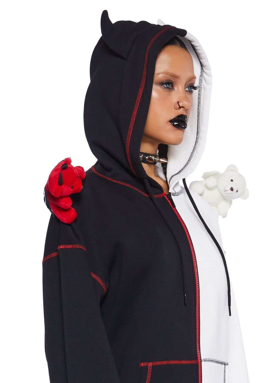 Trickz N' Treatz Teddy Devil Angel Colorblock Zip Up Hoodie Halloween Punk Goth - Multi - Image 3