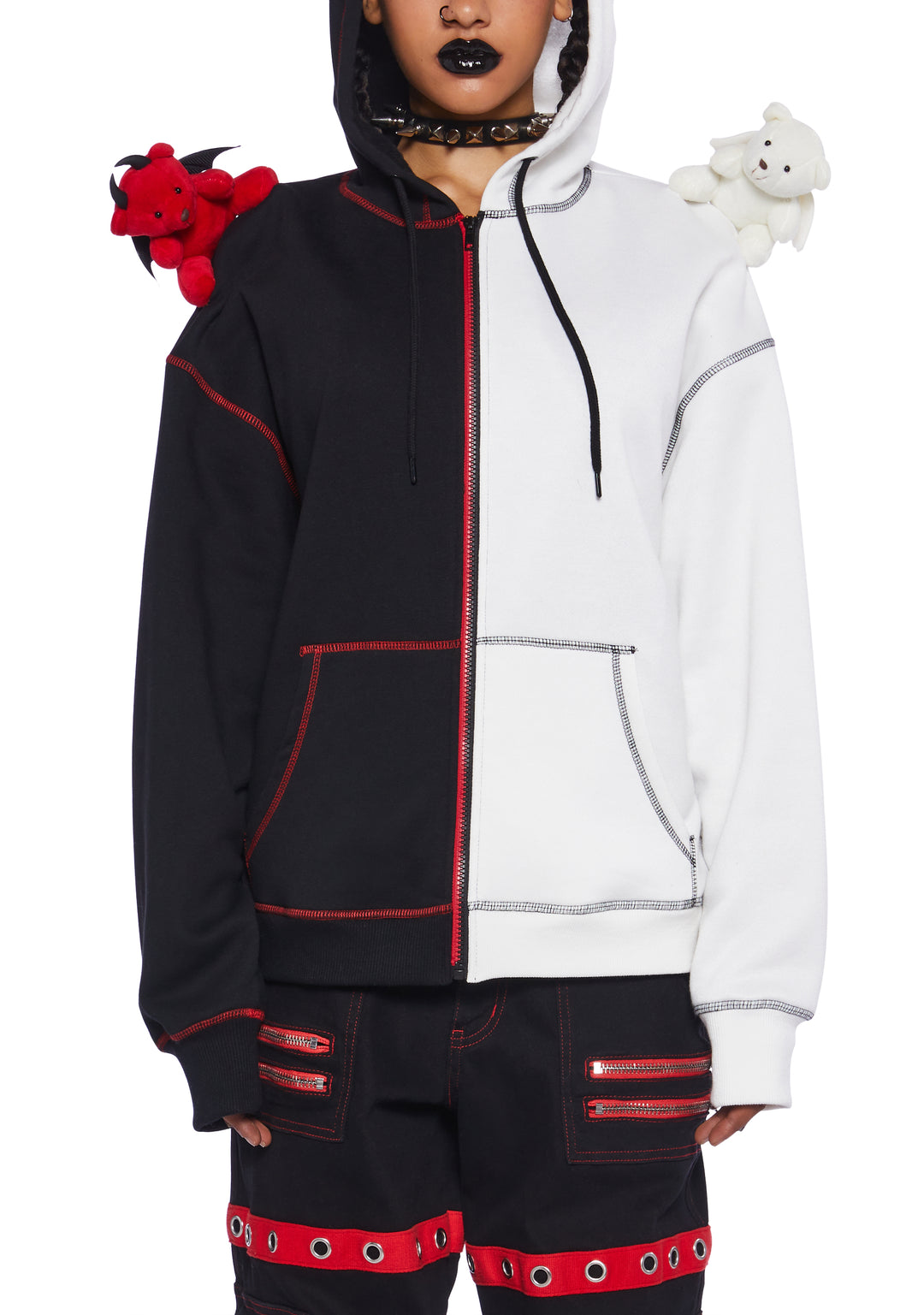 Trickz N' Treatz Teddy Devil Angel Colorblock Zip Up Hoodie Halloween Punk Goth - Multi - Image 6