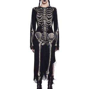 Trickz N' Treatz Stretchy Knit Skeleton Bone Asymmetrical Hem Midi Dress - Black