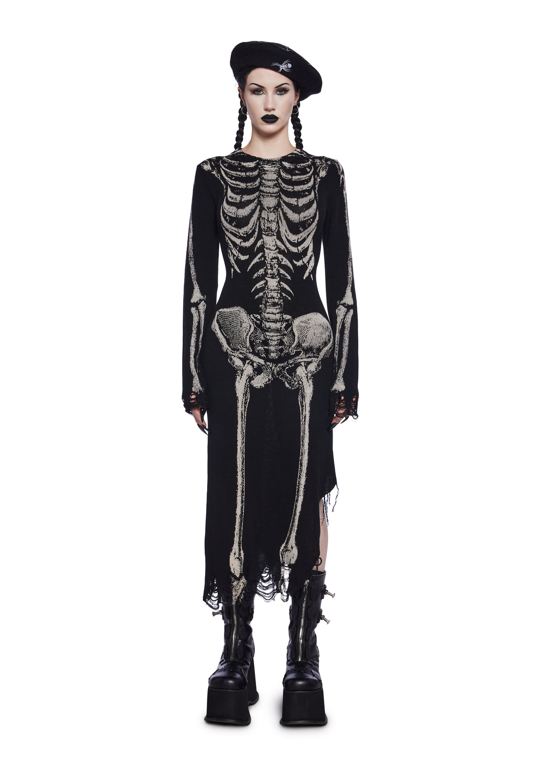 Trickz N' Treatz Stretchy Knit Skeleton Bone Asymmetrical Hem Midi Dress - Black