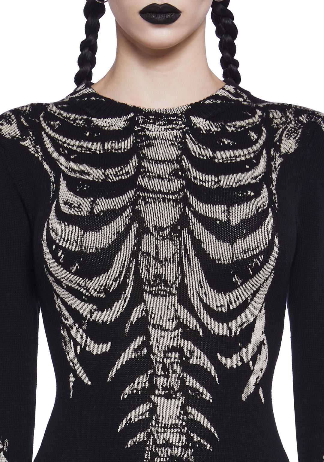 Trickz N' Treatz Stretchy Knit Skeleton Bone Asymmetrical Hem Midi Dress - Black - Image 2