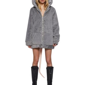 Trickz N' Treatz Halloween Womans Rat Faux Fur Zip-Up Jacket - Gray