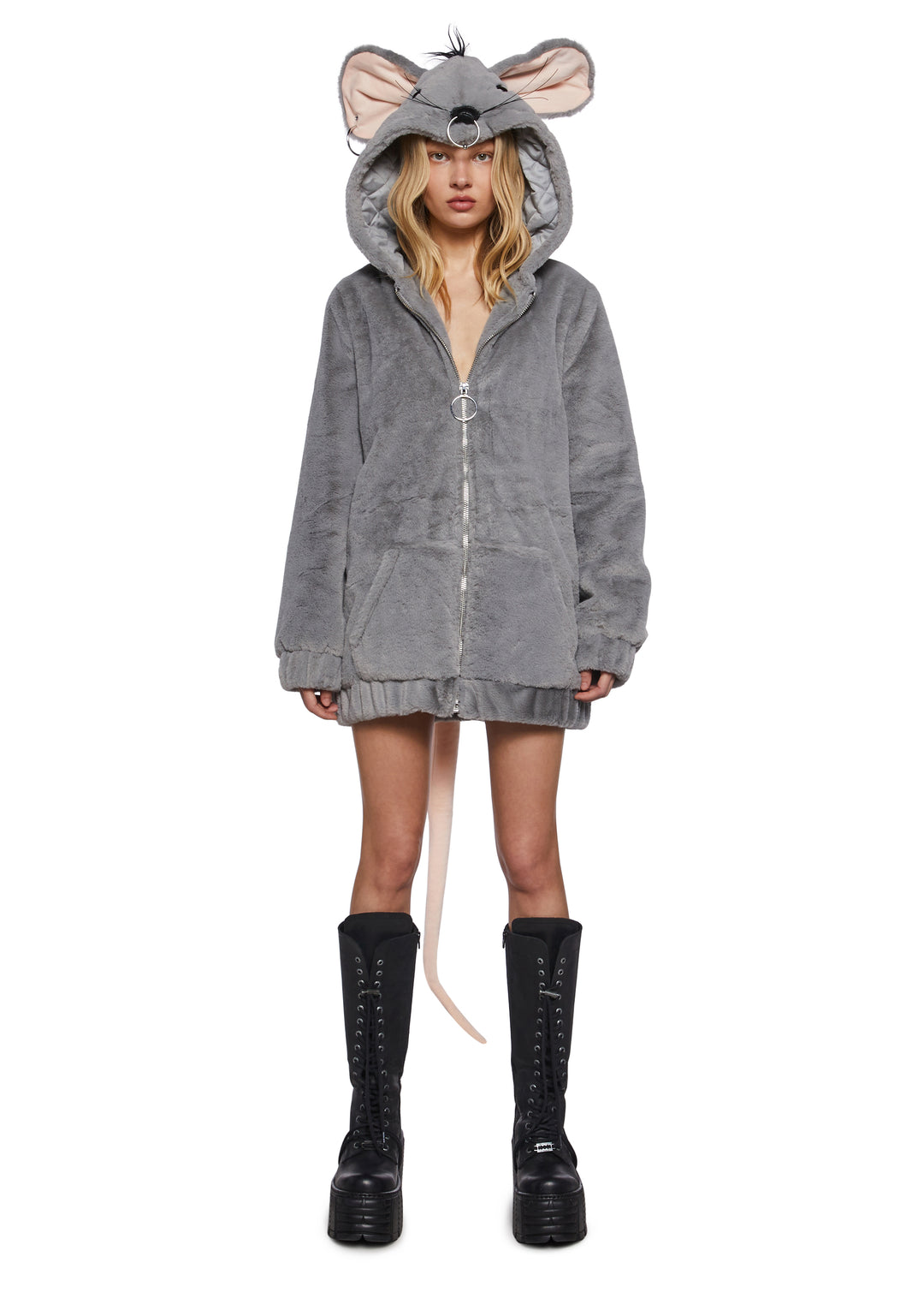 Trickz N' Treatz Halloween Womans Rat Faux Fur Zip-Up Jacket - Gray