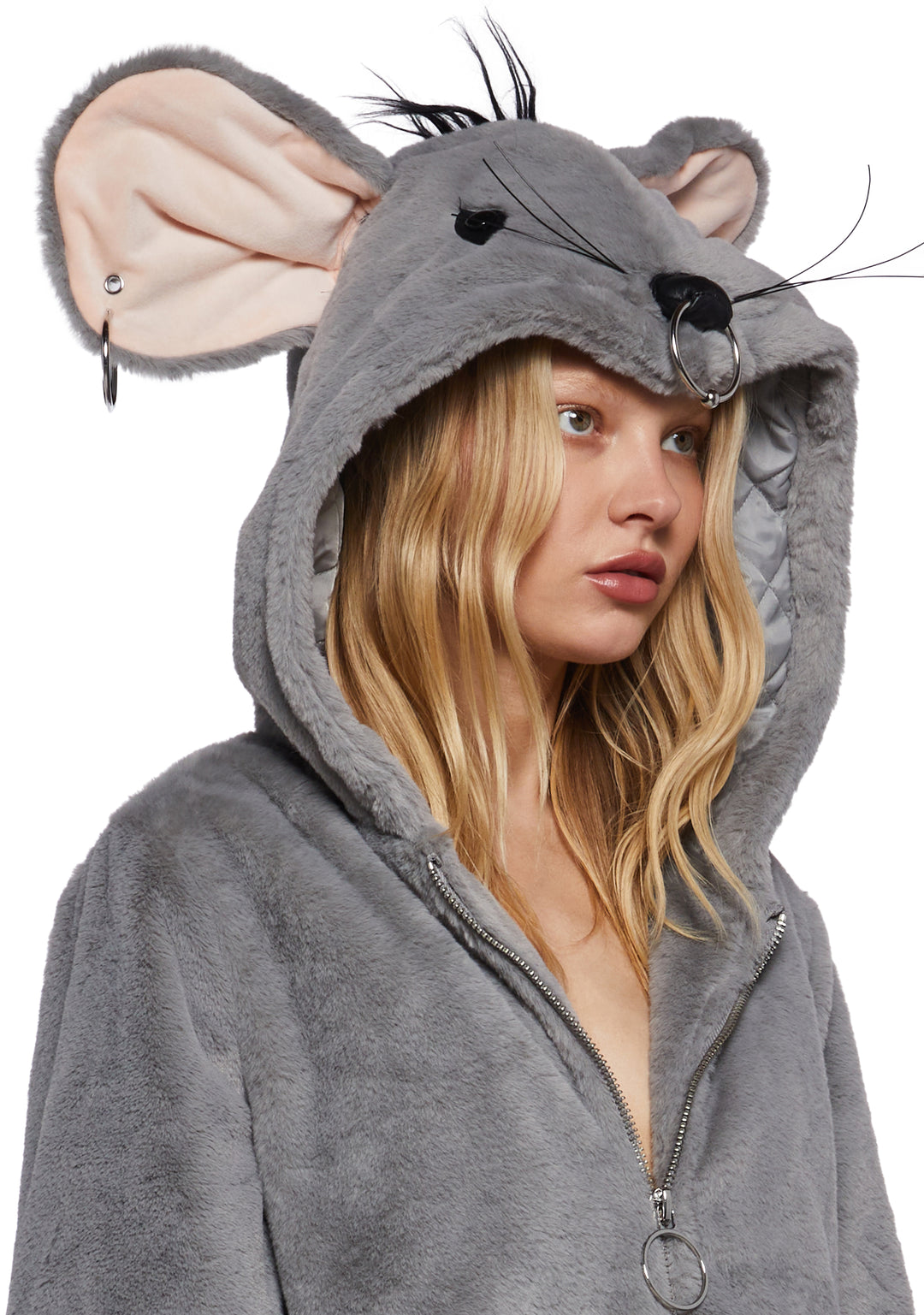 Trickz N' Treatz Halloween Womans Rat Faux Fur Zip-Up Jacket - Gray - Image 5