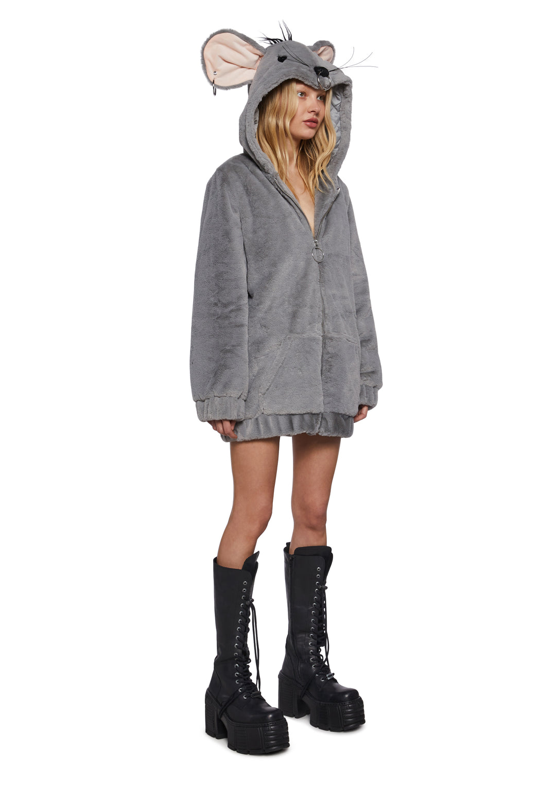 Trickz N' Treatz Halloween Womans Rat Faux Fur Zip-Up Jacket - Gray - Image 3