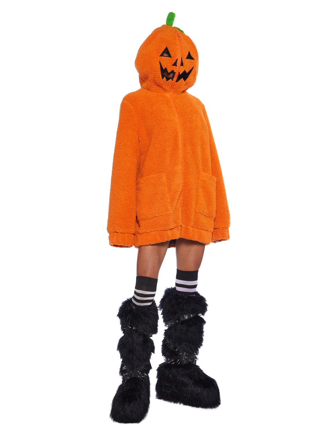 Trickz N' Treatz Pumpkin Head Faux Fur Bubble Hoodie - Orange - Image 5