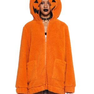 Trickz N' Treatz Pumpkin Head Faux Fur Bubble Hoodie - Orange