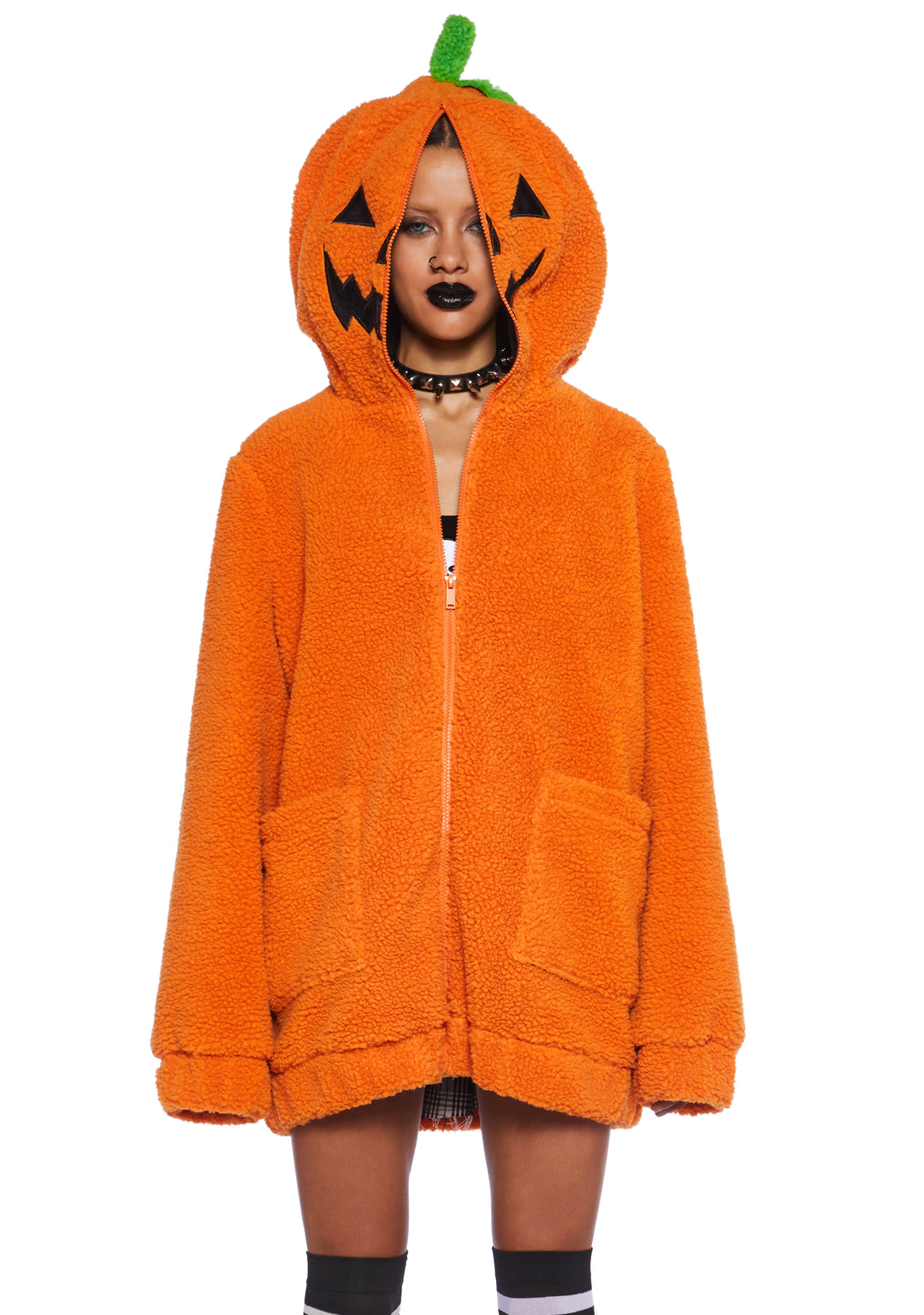 Trickz N' Treatz Pumpkin Head Faux Fur Bubble Hoodie - Orange