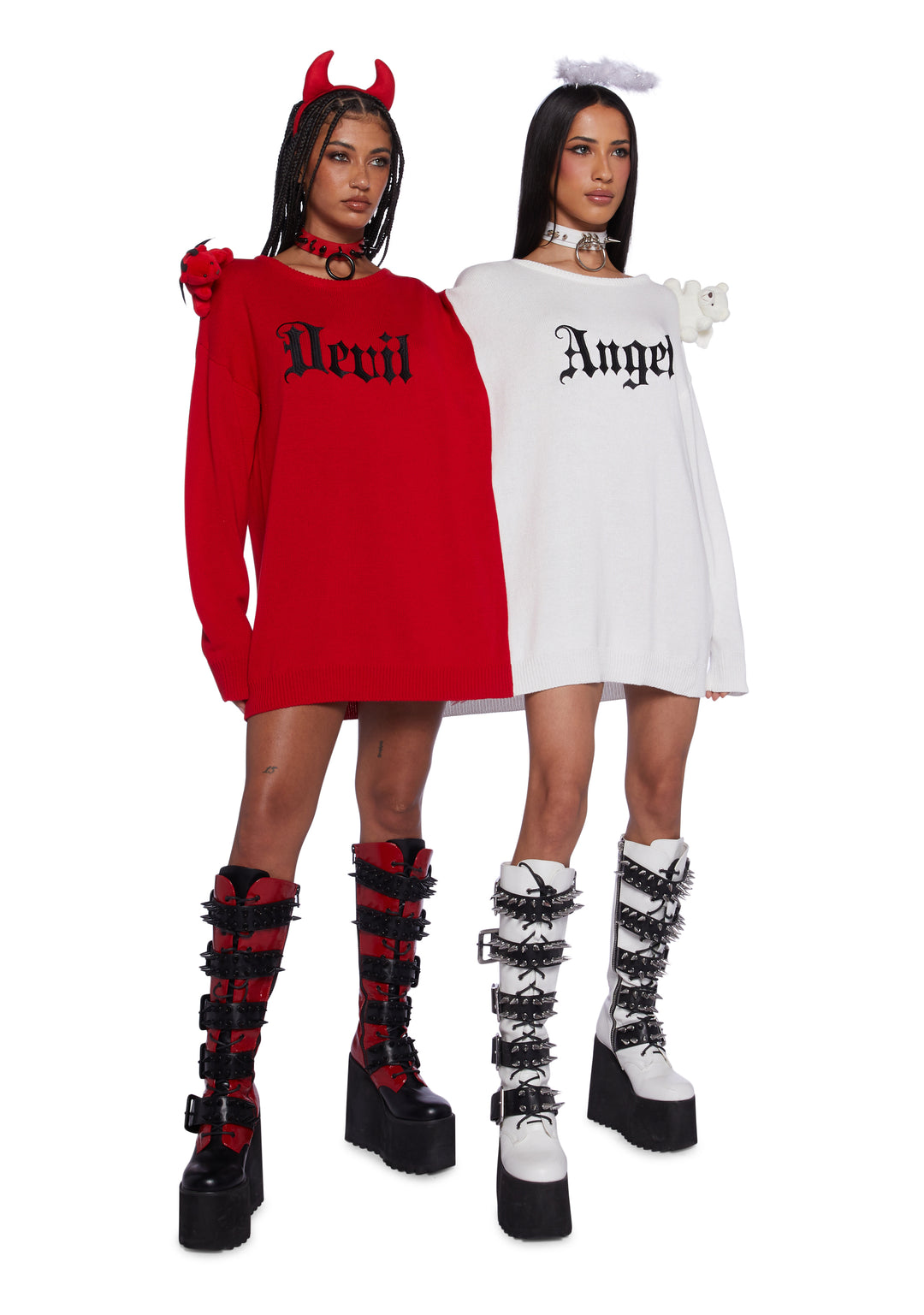 Sexy Womans Halloween Costume Angel Devil Conjoined Stretchy Ribbed Knit Sweater - Colorblock - Image 5
