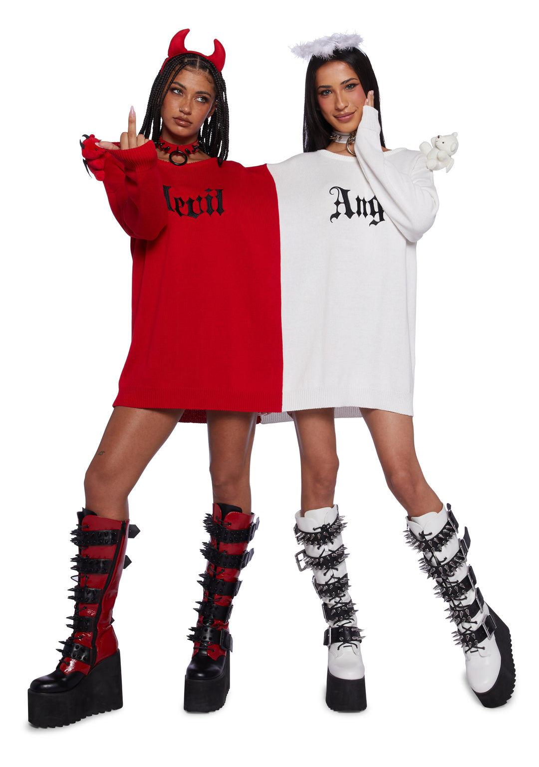 Sexy Womans Halloween Costume Angel Devil Conjoined Stretchy Ribbed Knit Sweater - Colorblock - Image 2