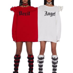 Sexy Womans Halloween Costume Angel Devil Conjoined Stretchy Ribbed Knit Sweater - Colorblock