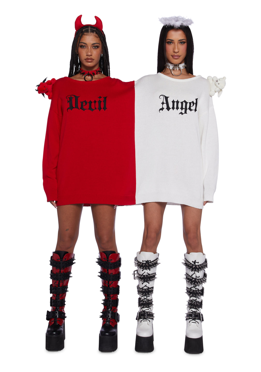 Sexy Womans Halloween Costume Angel Devil Conjoined Stretchy Ribbed Knit Sweater - Colorblock