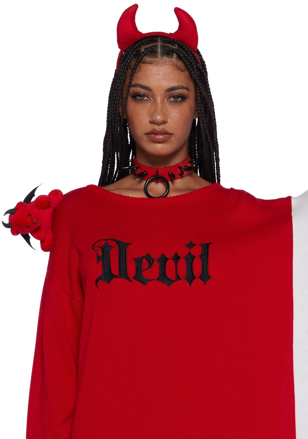 Sexy Womans Halloween Costume Angel Devil Conjoined Stretchy Ribbed Knit Sweater - Colorblock - Image 6