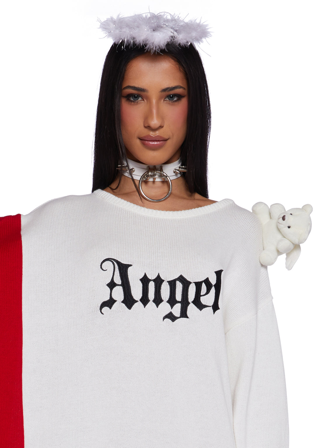 Sexy Womans Halloween Costume Angel Devil Conjoined Stretchy Ribbed Knit Sweater - Colorblock - Image 7