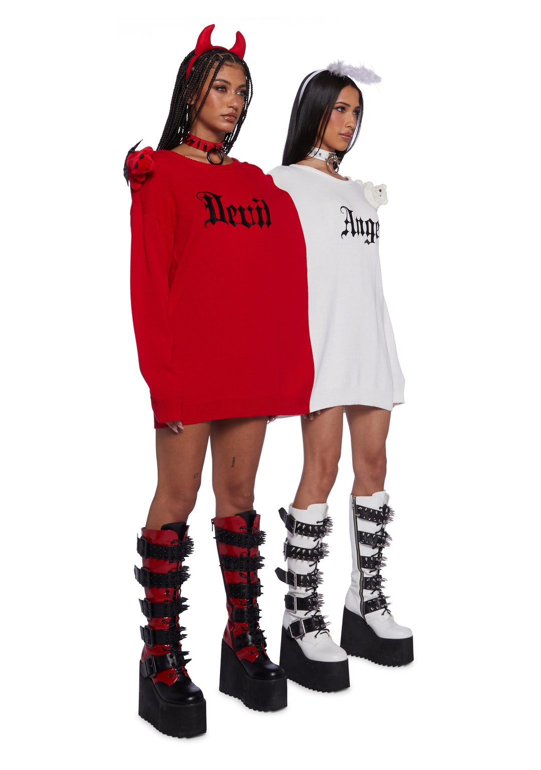 Sexy Womans Halloween Costume Angel Devil Conjoined Stretchy Ribbed Knit Sweater - Colorblock - Image 3