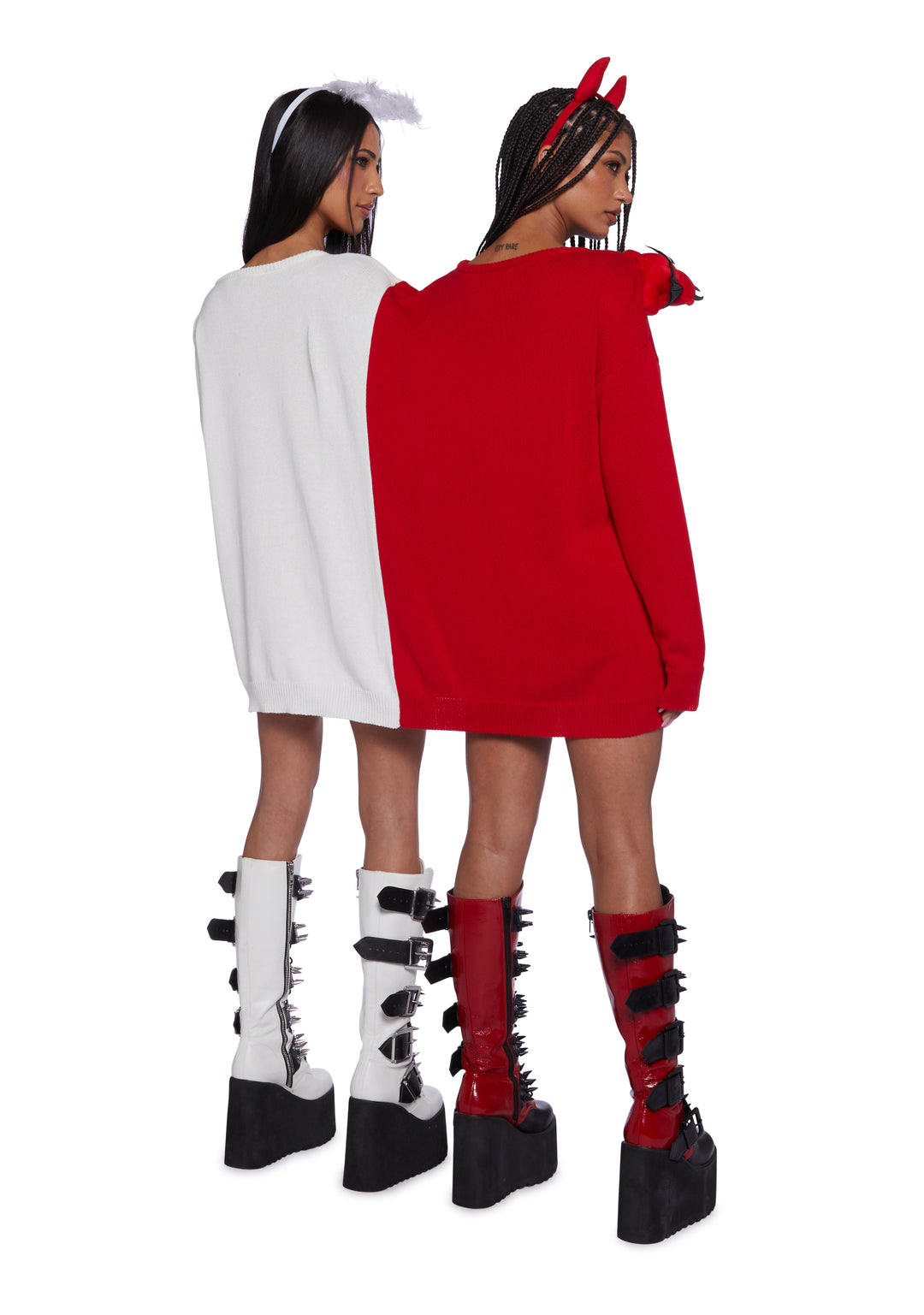 Sexy Womans Halloween Costume Angel Devil Conjoined Stretchy Ribbed Knit Sweater - Colorblock - Image 4