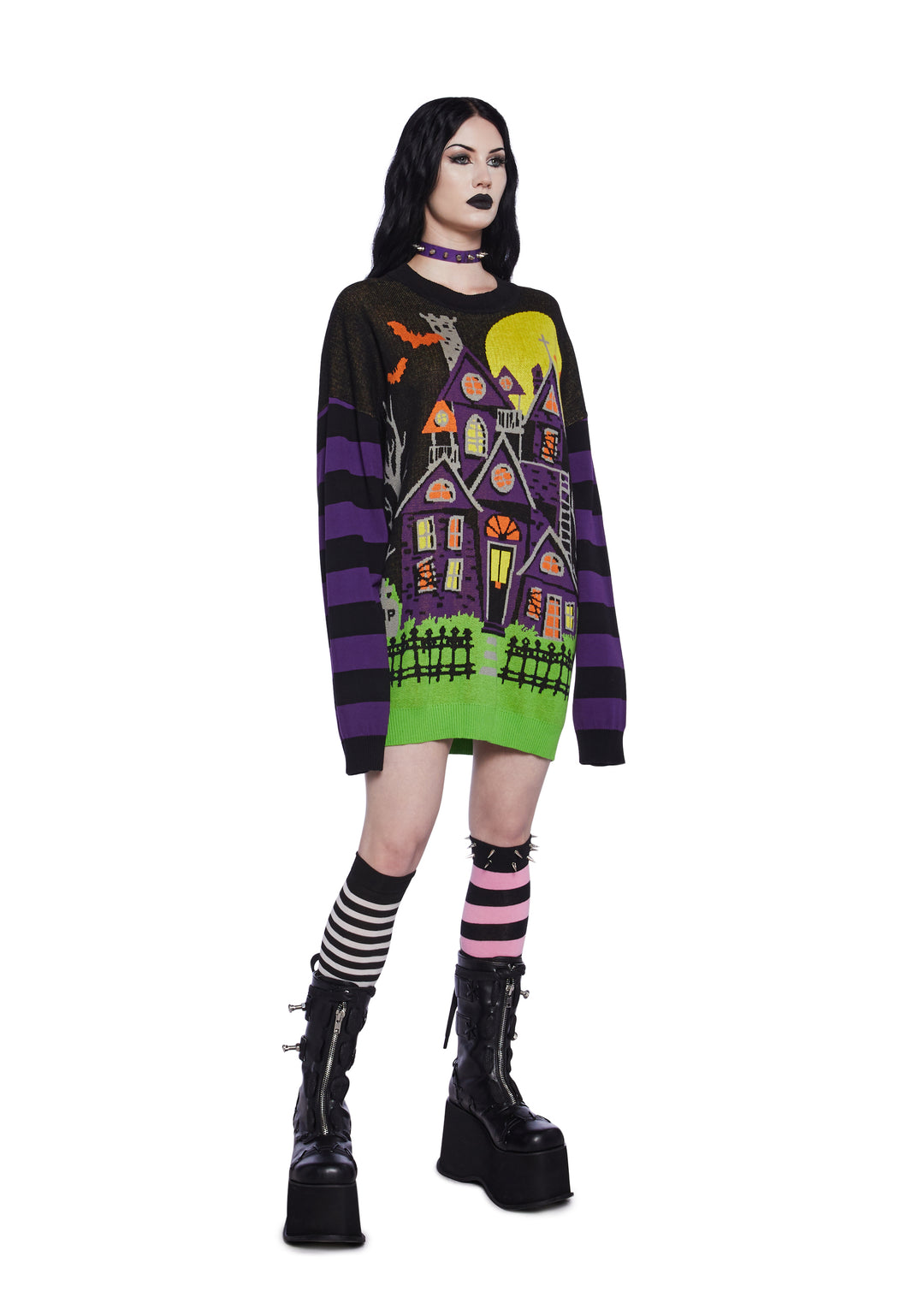 Halloween Women's Ribbed Knit Striped Haunted House Intarsia Oversized Sweater - Multi - Image 2