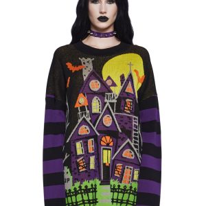 Halloween Women's Ribbed Knit Striped Haunted House Intarsia Oversized Sweater - Multi