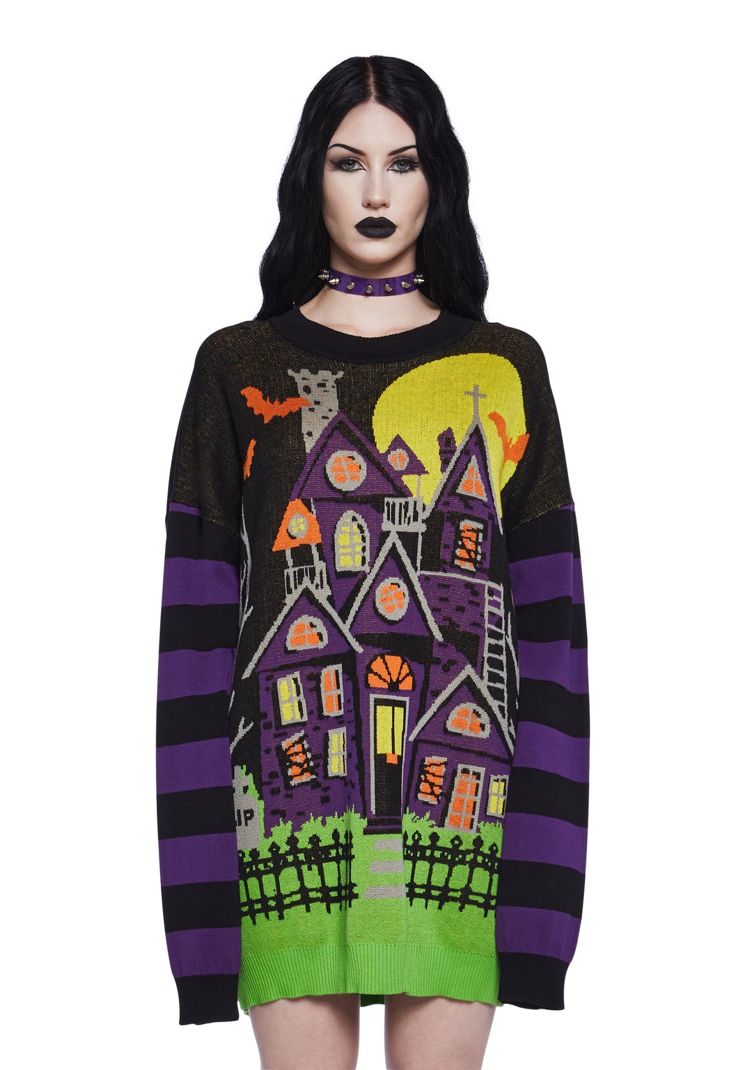 Halloween Women's Ribbed Knit Striped Haunted House Intarsia Oversized Sweater - Multi
