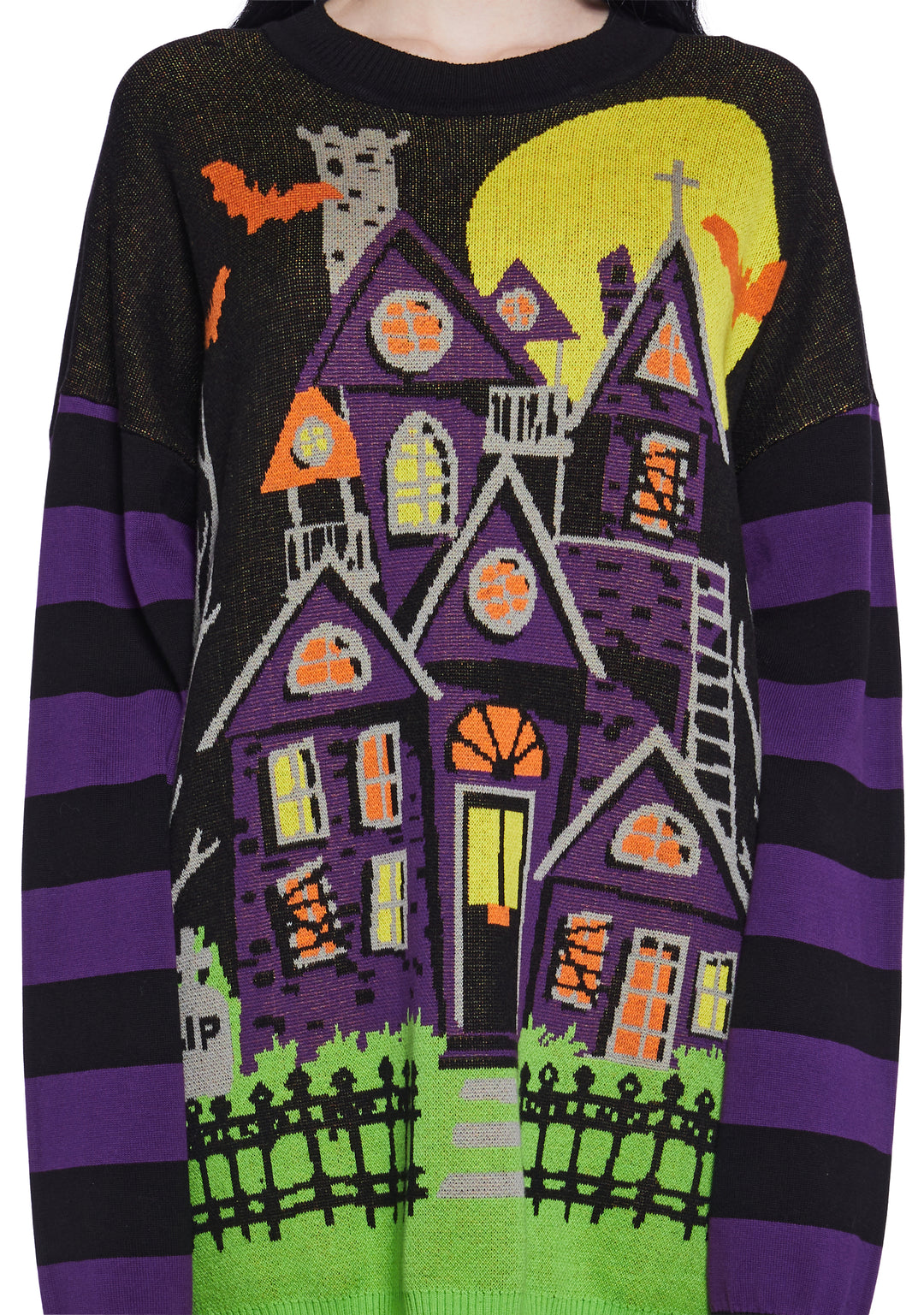 Halloween Women's Ribbed Knit Striped Haunted House Intarsia Oversized Sweater - Multi - Image 5