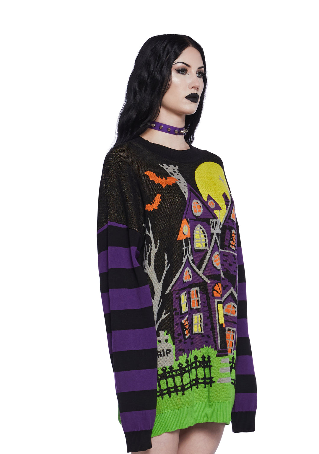 Halloween Women's Ribbed Knit Striped Haunted House Intarsia Oversized Sweater - Multi - Image 3