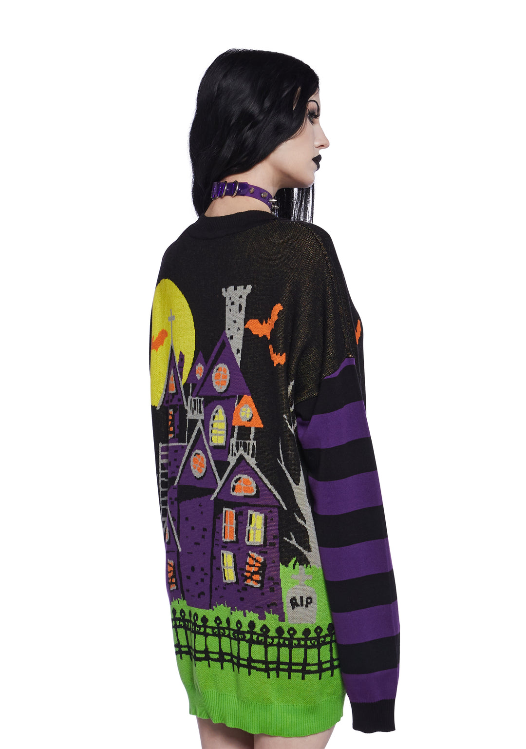 Halloween Women's Ribbed Knit Striped Haunted House Intarsia Oversized Sweater - Multi - Image 4