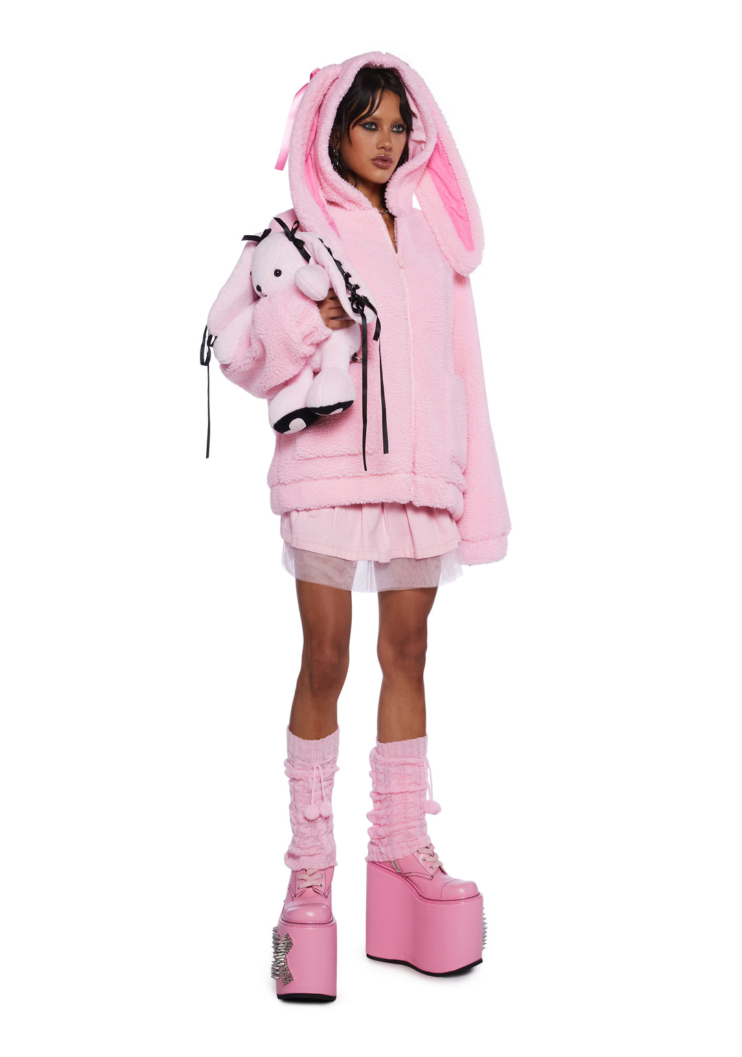 Trickz N' Treatz Halloween Bunny Ear Bow Sherpa Zip-Up Jacket - Light Pink - Image 2
