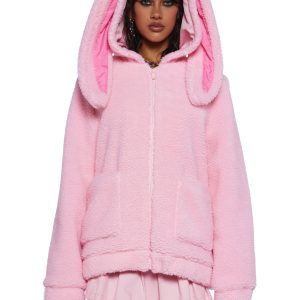 Trickz N' Treatz Halloween Bunny Ear Bow Sherpa Zip-Up Jacket - Light Pink