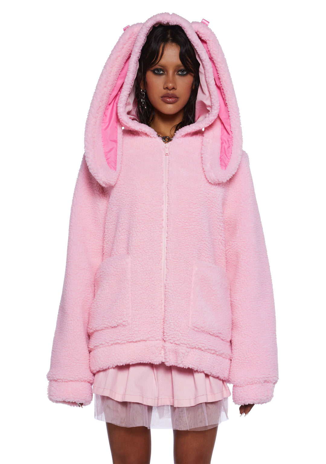 Trickz N' Treatz Halloween Bunny Ear Bow Sherpa Zip-Up Jacket - Light Pink