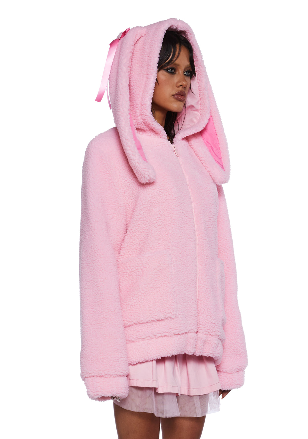 Trickz N' Treatz Halloween Bunny Ear Bow Sherpa Zip-Up Jacket - Light Pink - Image 4