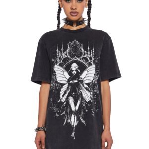 Halloween Women's Sorceress Fairy Pixie Dark Gothic Banshee Oversized Graphic Tee - Black